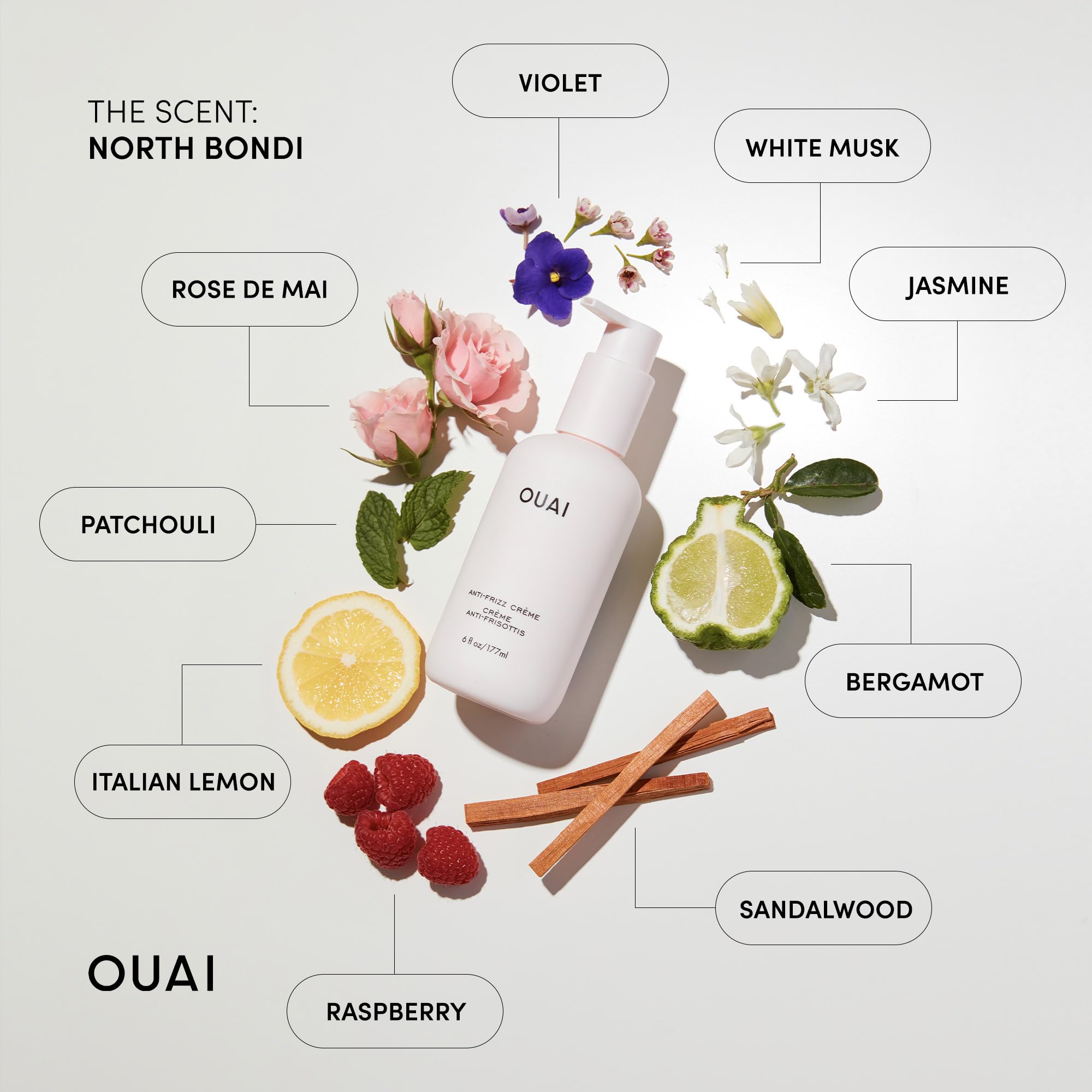 OUAI anti-frizz cream travel size pump enables easy, even distribution for smoother ends.