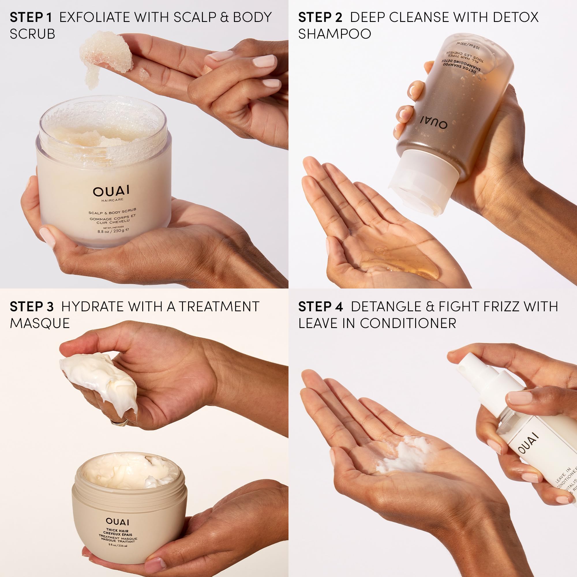 OUAI bathroom counter display highlights a daily hair care setup.