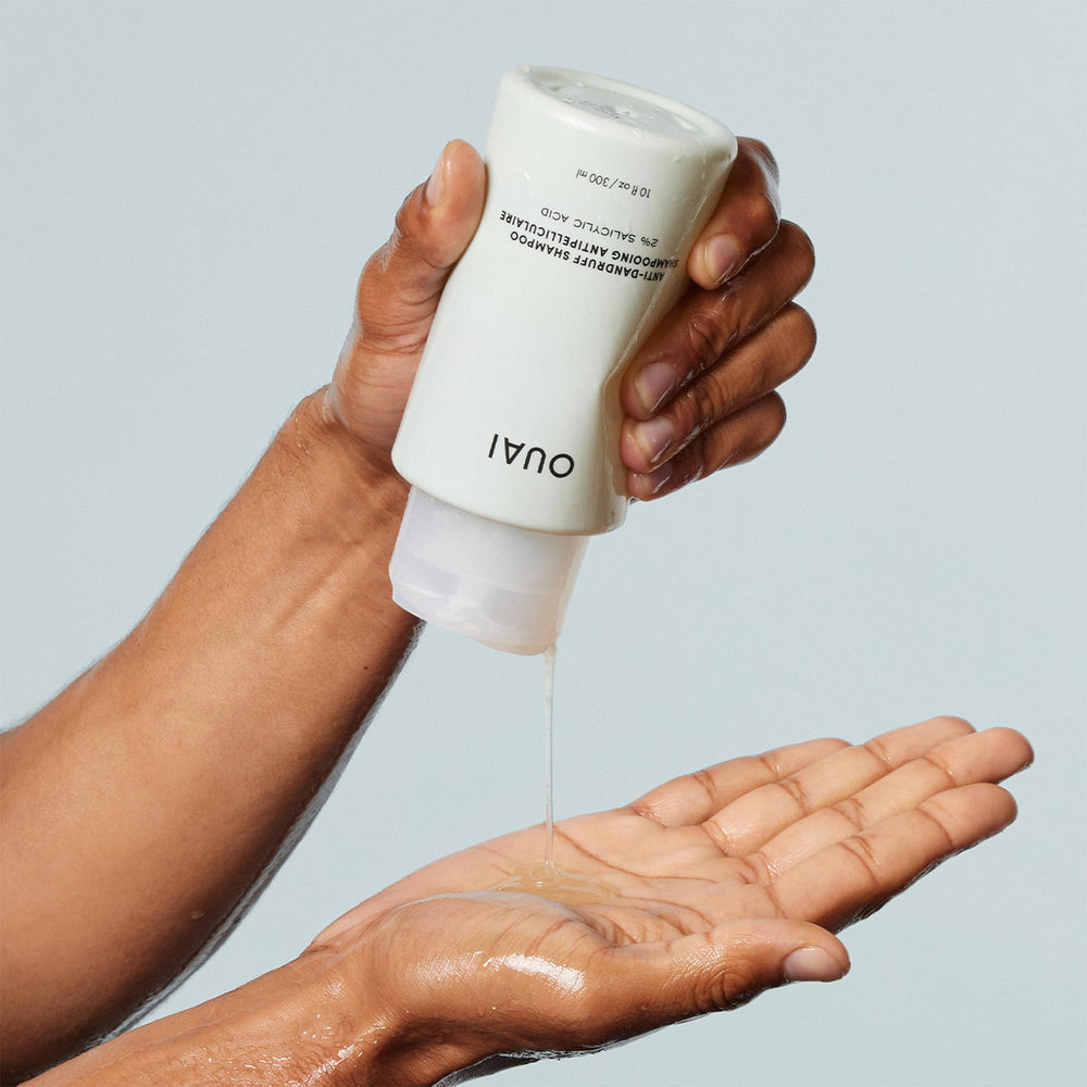OUAI bathroom shelf shot highlights sulfate-free, luxurious scalp care