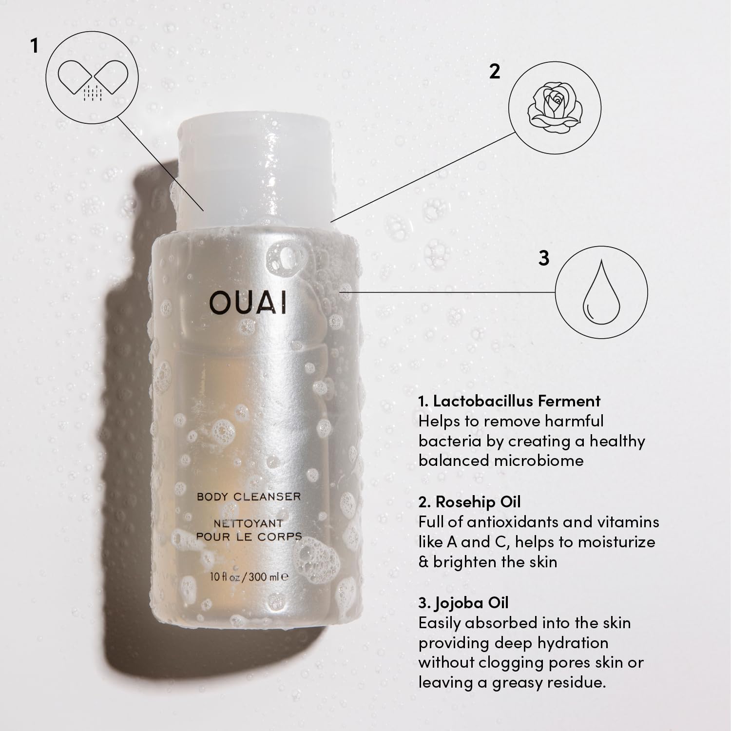 OUAI Body Cleanser Dean Street jojoba oil ingredient emphasizes balanced hydration