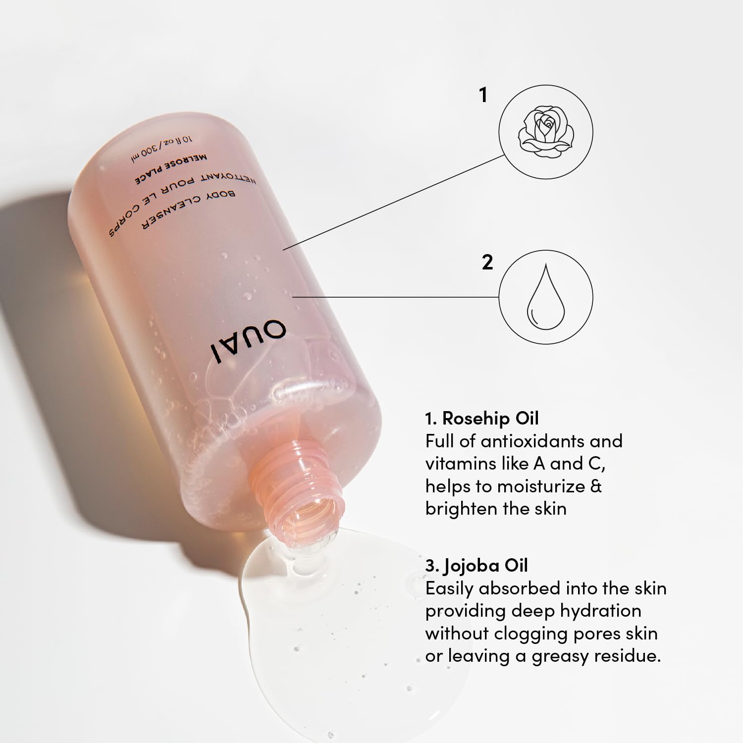 OUAI Body Cleanser Melrose Place fragrance-notes invite bergamot and lychee aroma during shower.
