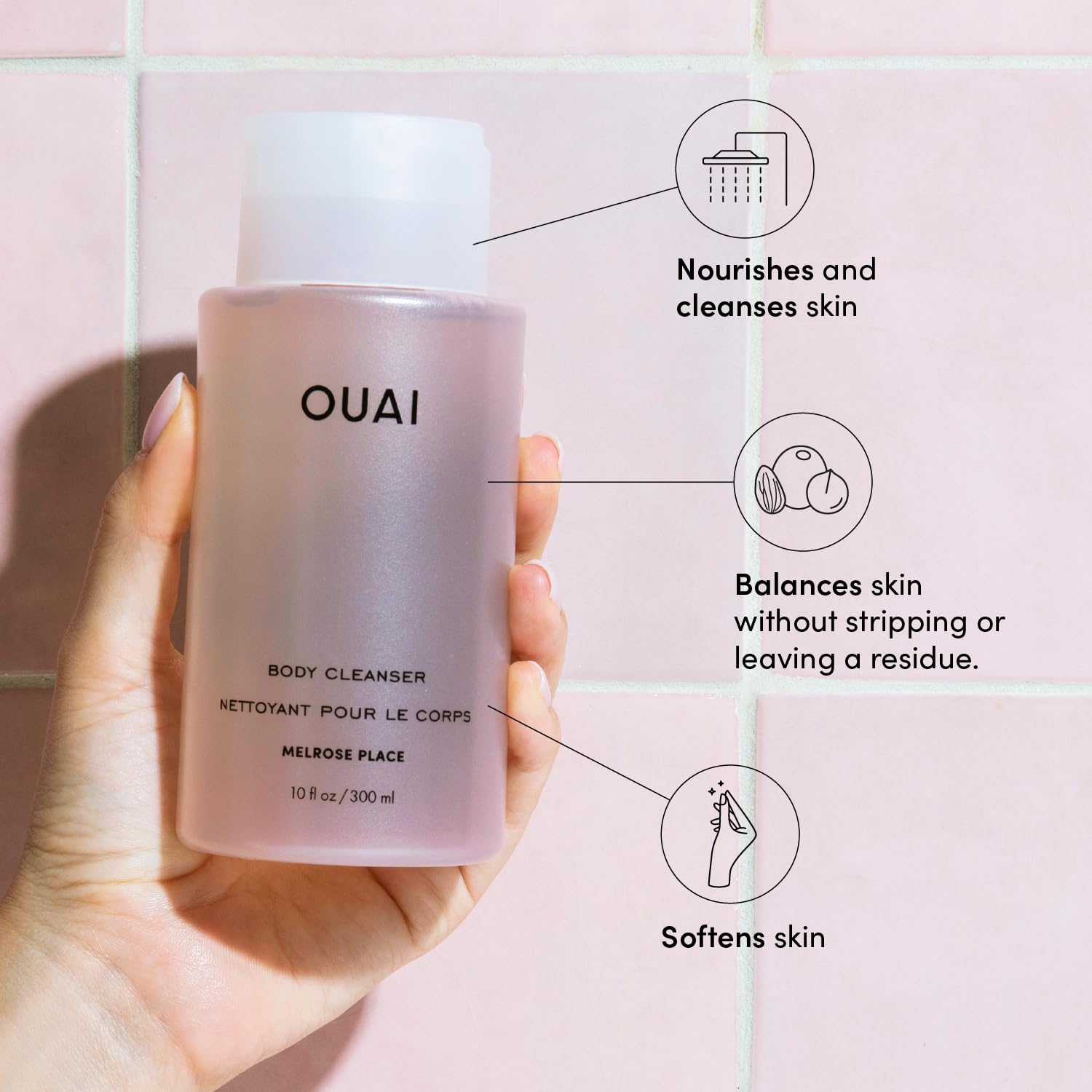 OUAI Body Cleanser Melrose Place lather close-up highlights rich foam and skin-softening benefits.