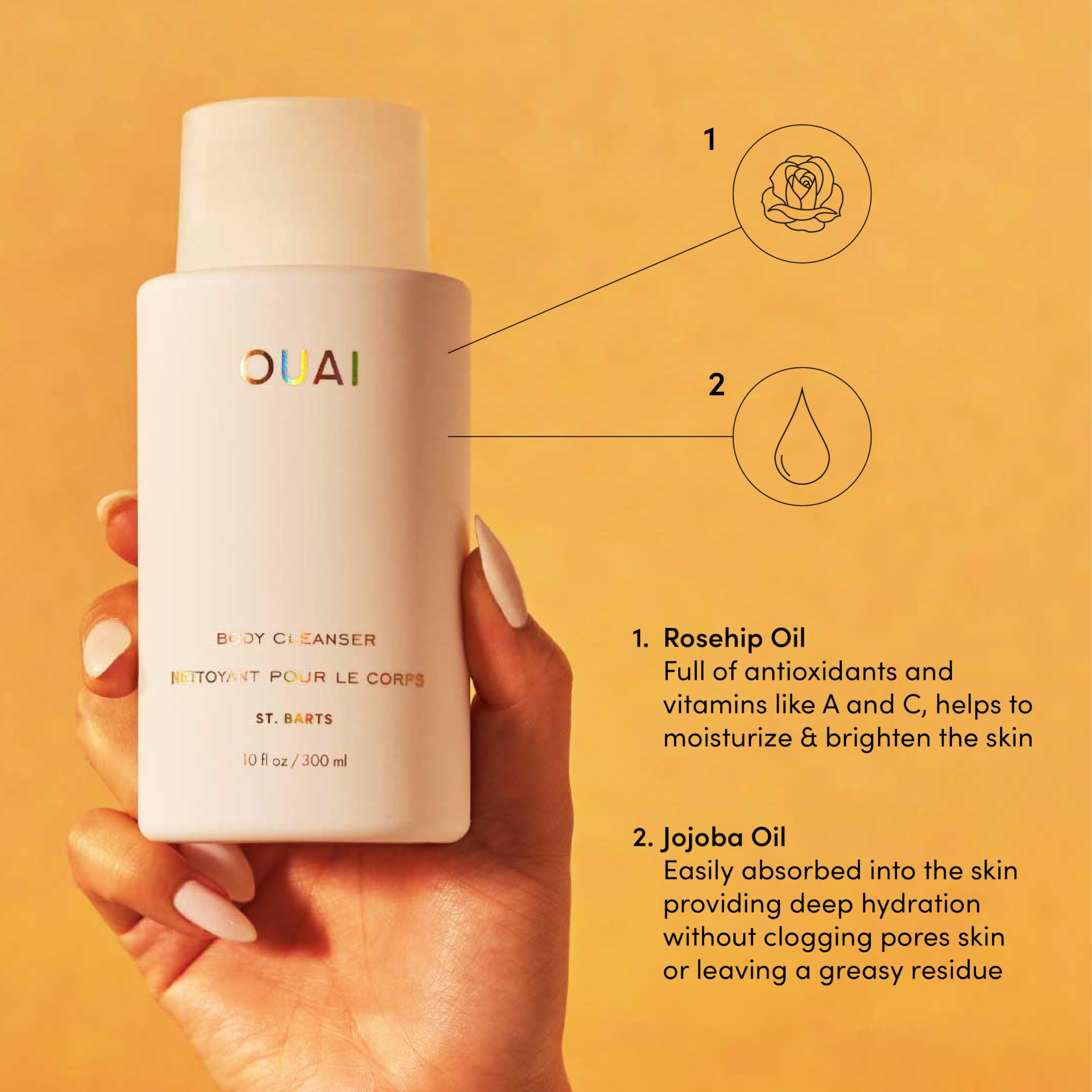 OUAI Body Cleanser St. Barts jojoba oil delivers non-greasy moisture.