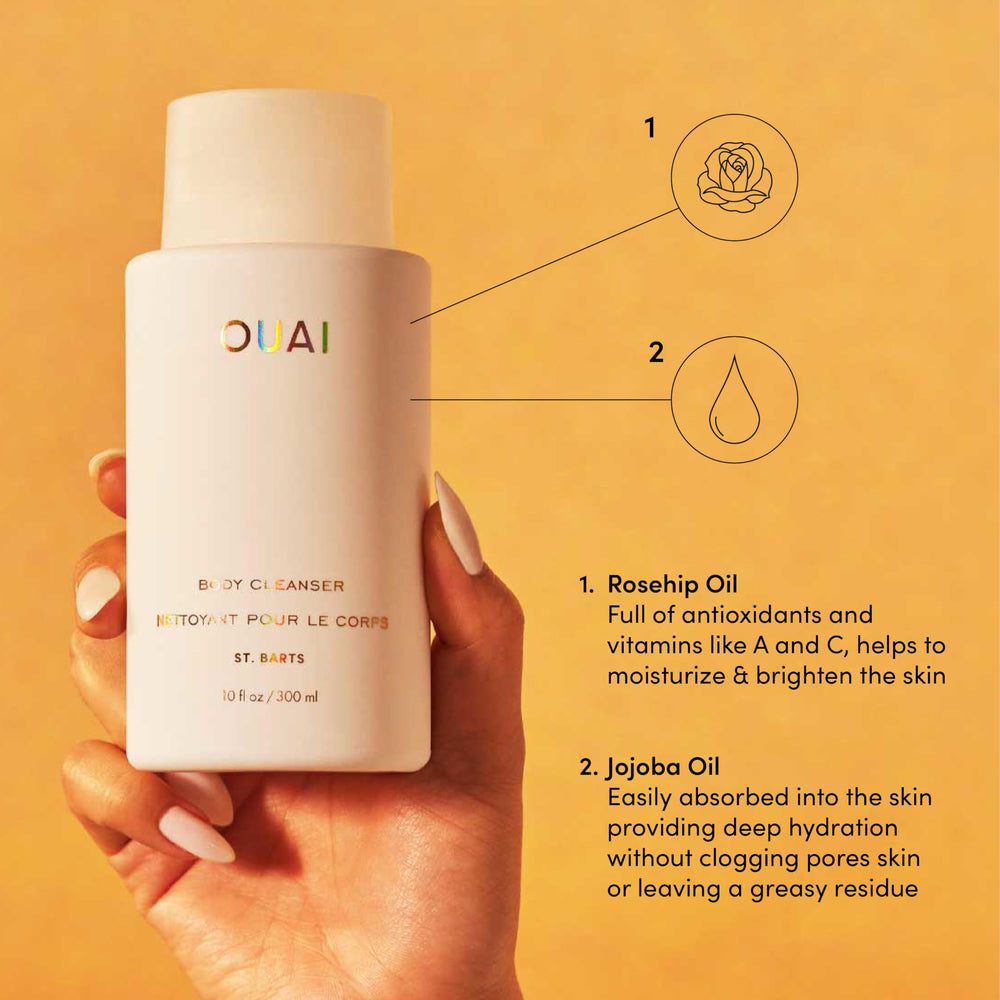 OUAI Body Cleanser St. Barts jojoba oil delivers non-greasy moisture.