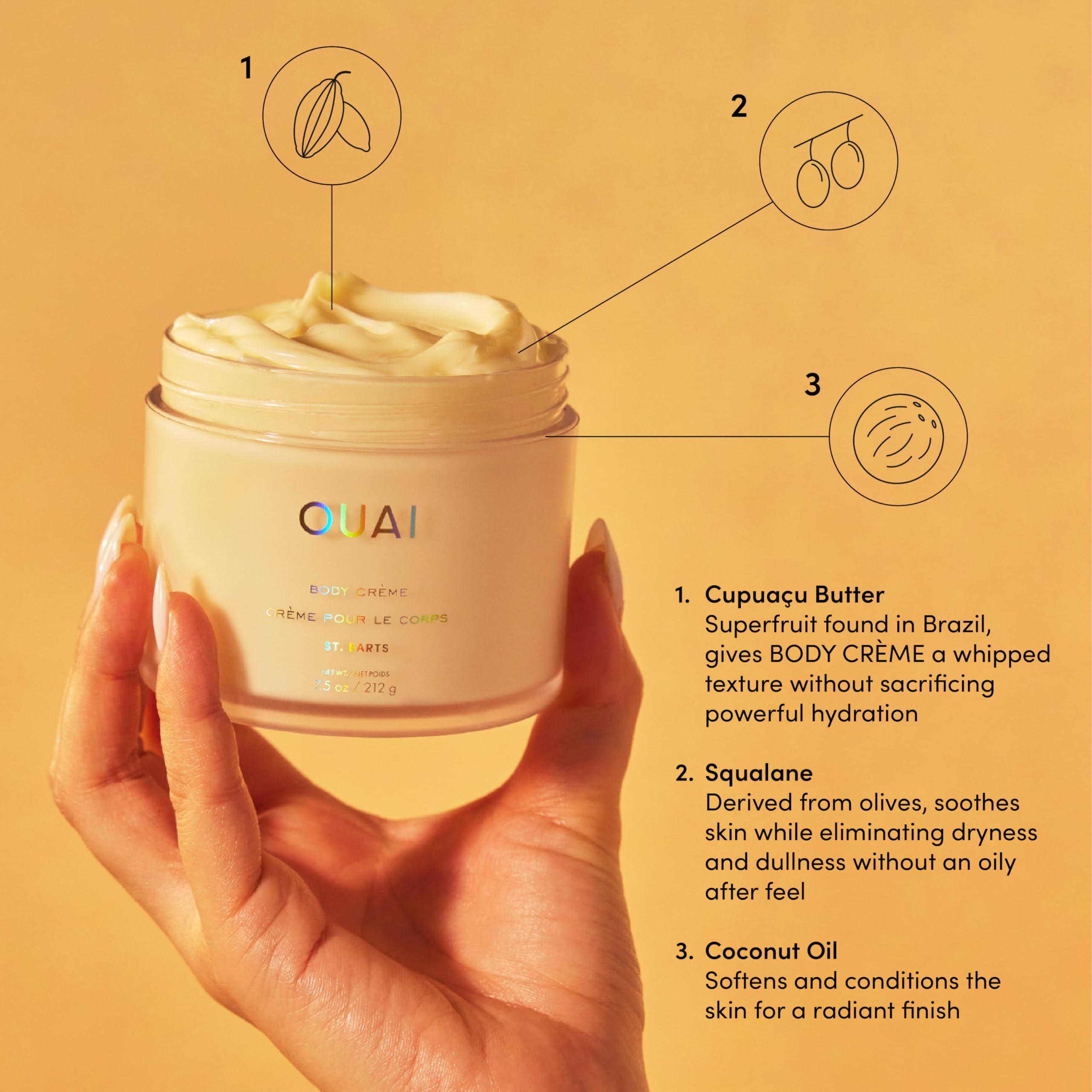 OUAI Body Cream St. Barts squalane frame showcases soothing, long-lasting hydration.