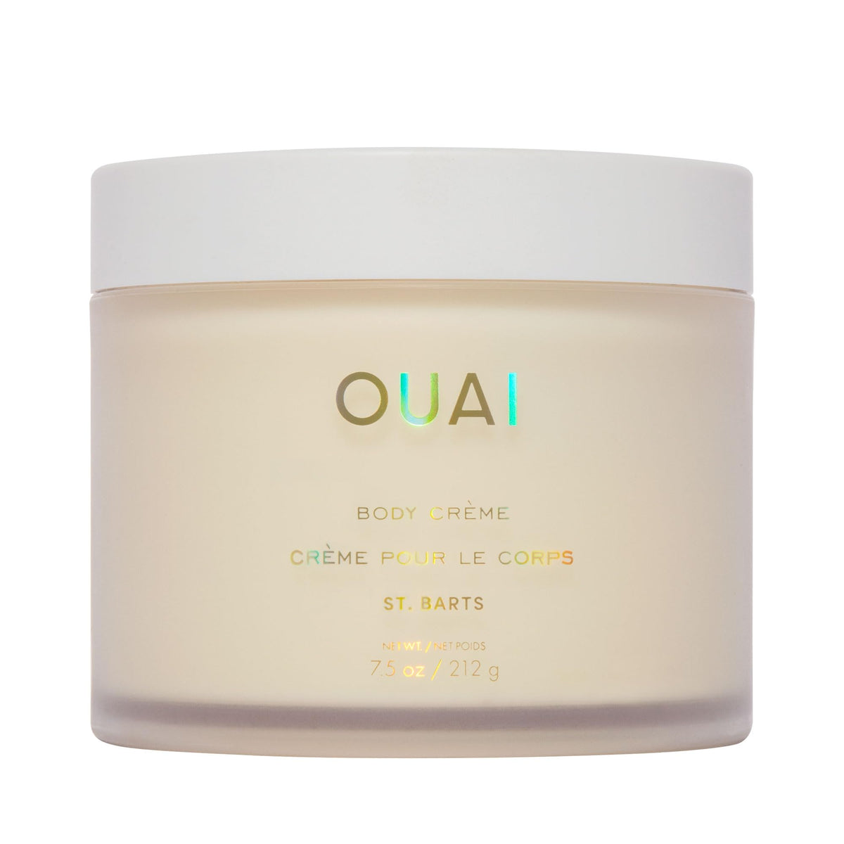 OUAI Body Cream St. Barts tub closeup shows whipped texture for quick hydration.