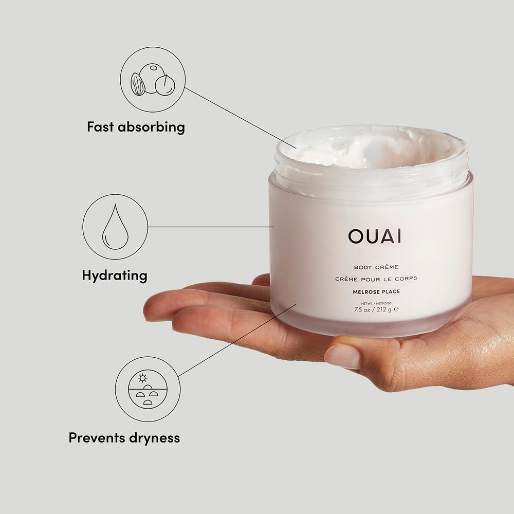 OUAI Body Cream texture application close-up highlights luxurious, quick-absorbing hydration.