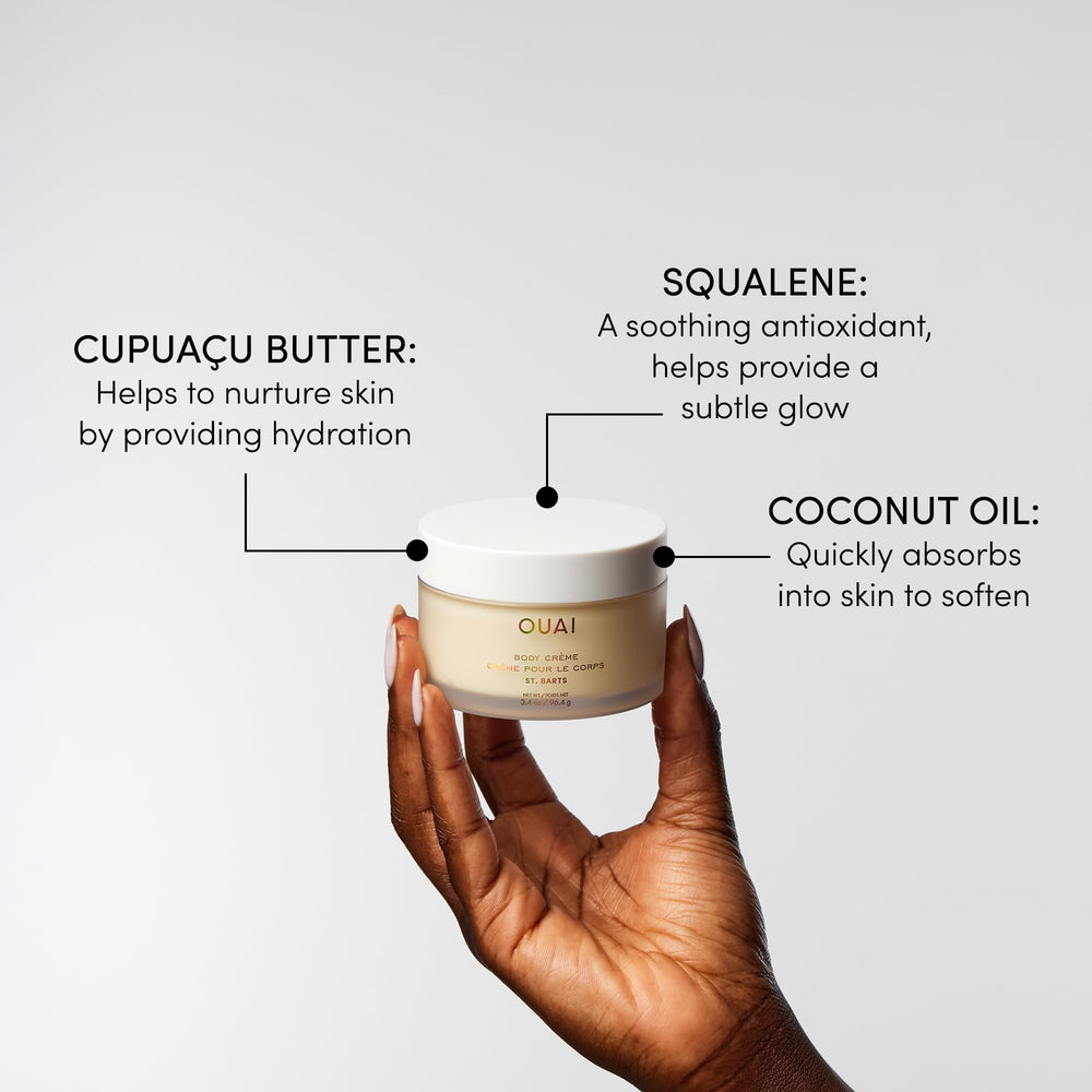 OUAI Body Creme coconut oil close-up communicates conditioning for radiant, silky skin.