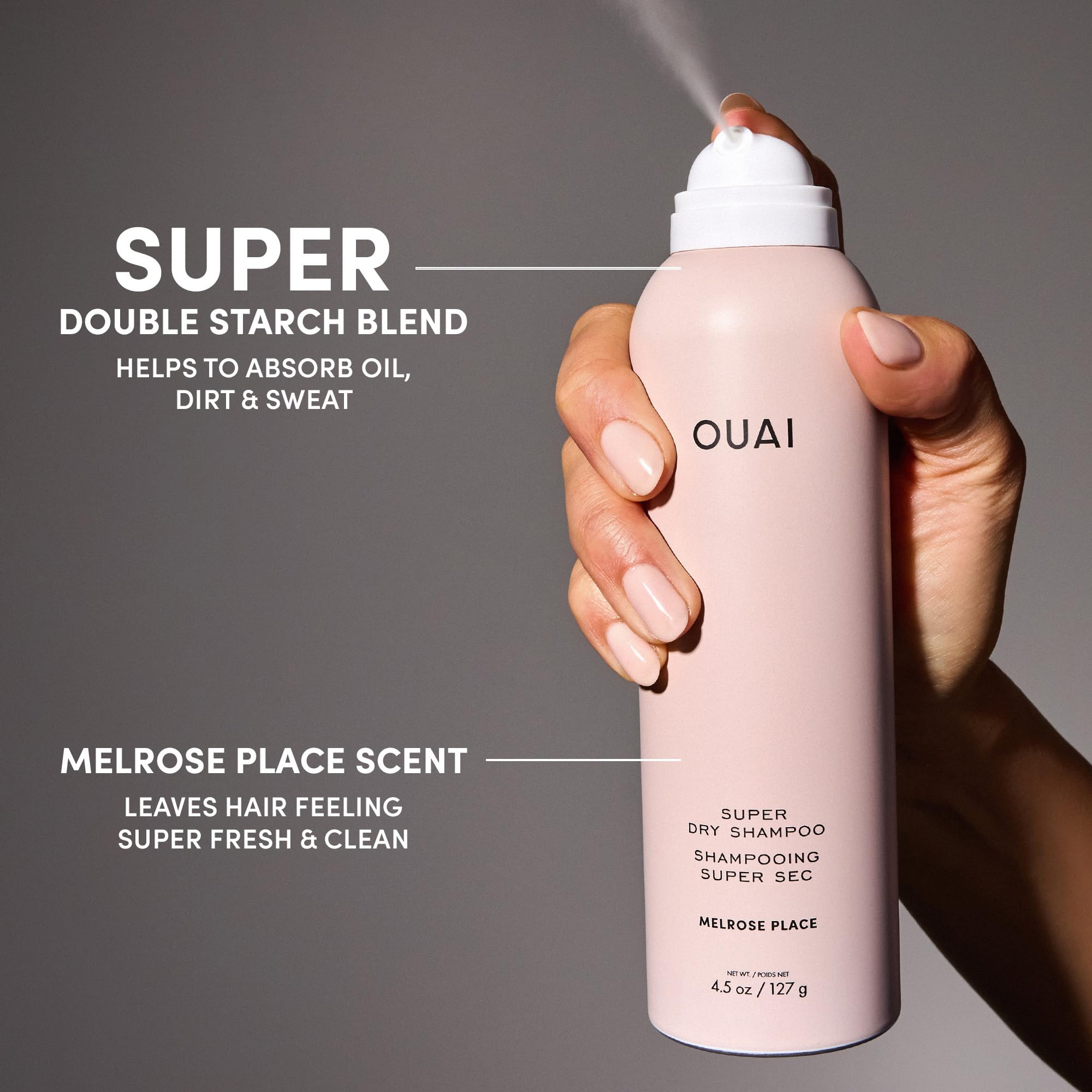 OUAI bottle packaging close-up showing stylish, travel-friendly design