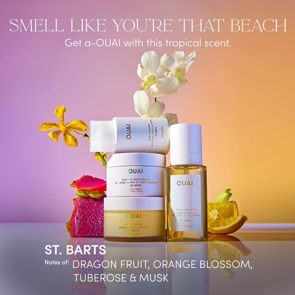 OUAI coconut oil moisturizing lather demonstrates nourishing wash for scalp and body.