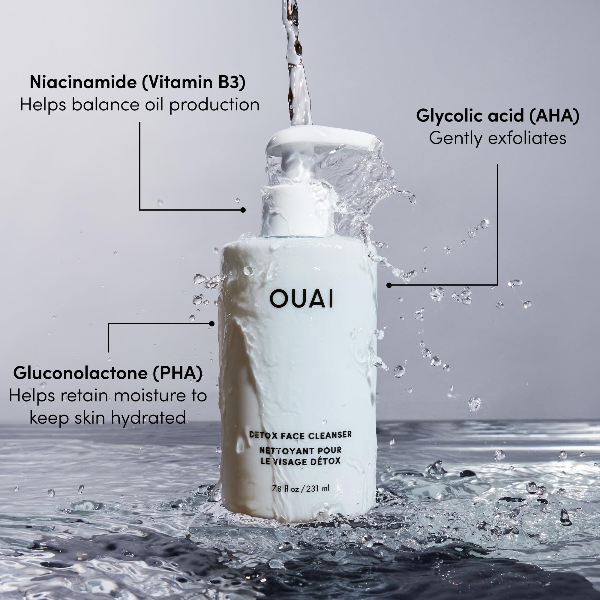 OUAI Detox Facial Cleanser glycolic acid ingredient panel highlights gentle exfoliation