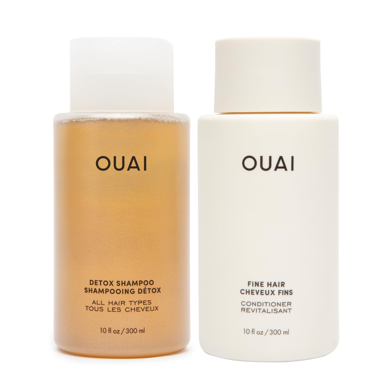 OUAI Detox Shampoo bottle demonstrates clarifying formula for buildup removal.