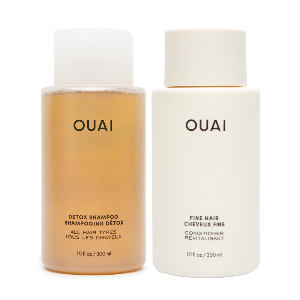 OUAI Detox Shampoo bottle demonstrates clarifying formula for buildup removal.