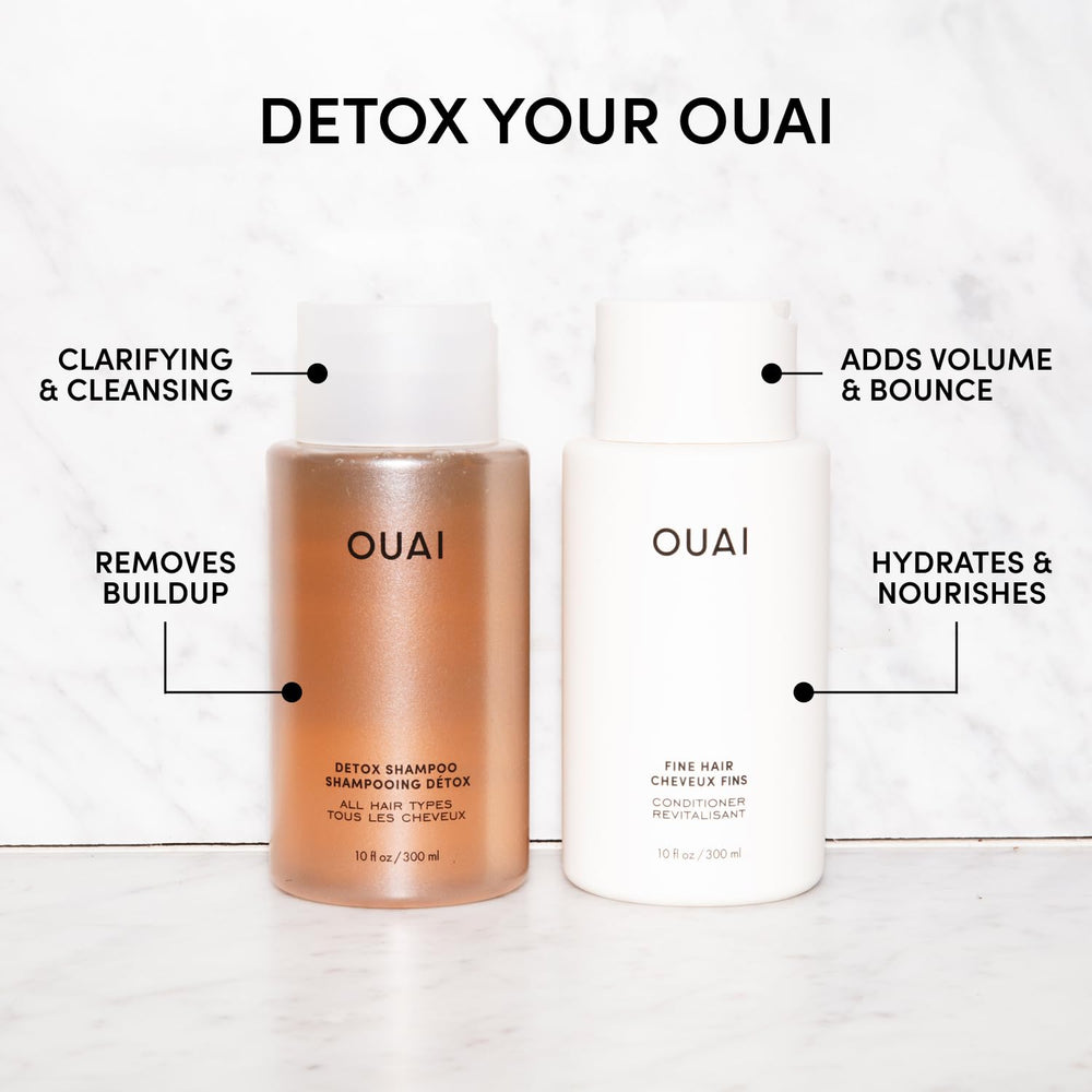 OUAI Detox Shampoo clarifying lather emphasizes dirt and oil removal.