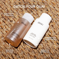 OUAI Detox Shampoo clarifying lather highlights dirt and oil removal.