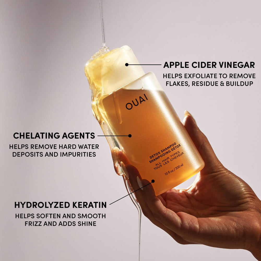 OUAI Detox Shampoo packaging emphasizes sulfate-free formula for healthy-looking hair.
