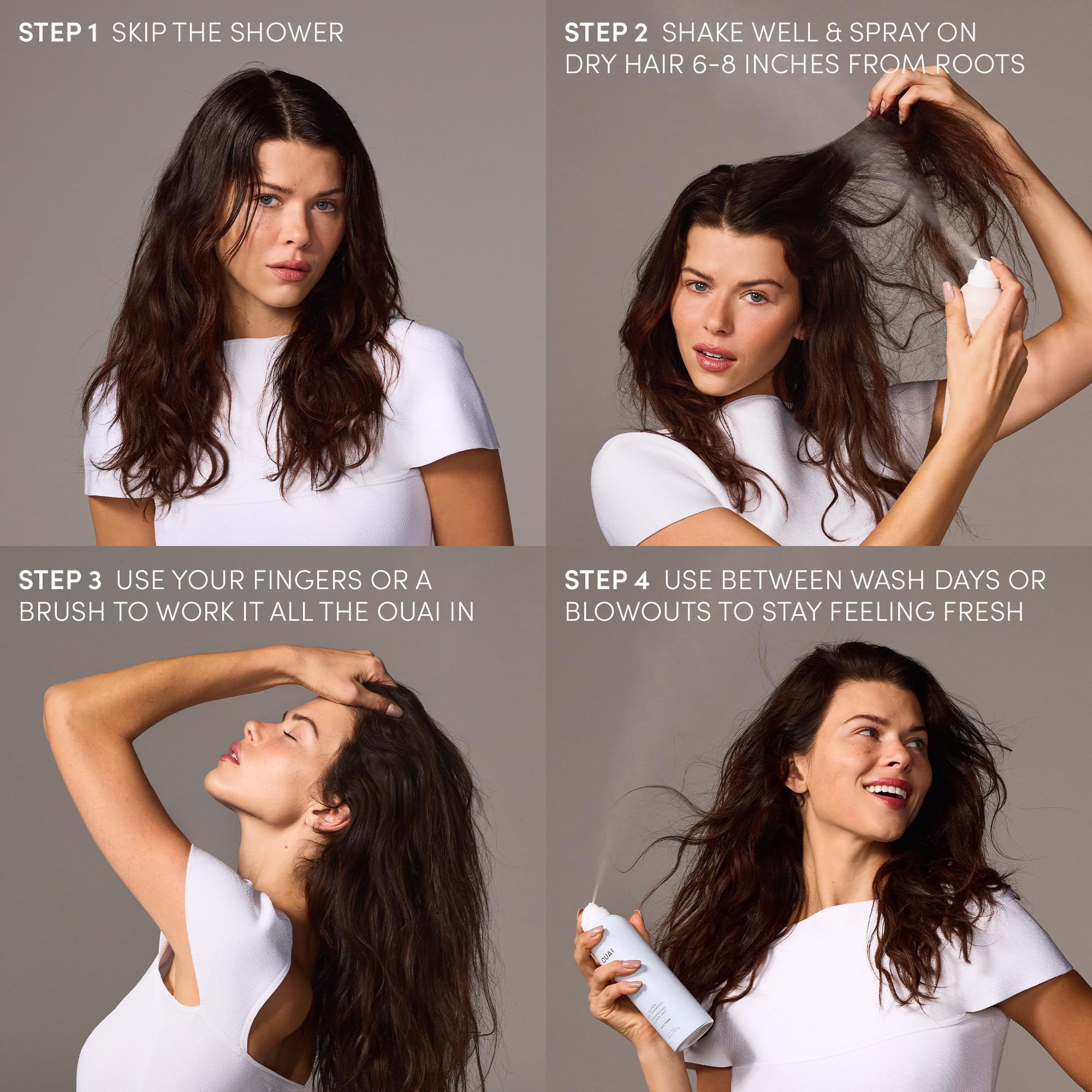 OUAI bottle with spray nozzle demonstrates precise application for between-wash refresh.