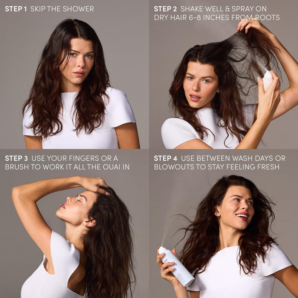 OUAI bottle with spray nozzle demonstrates precise application for between-wash refresh.