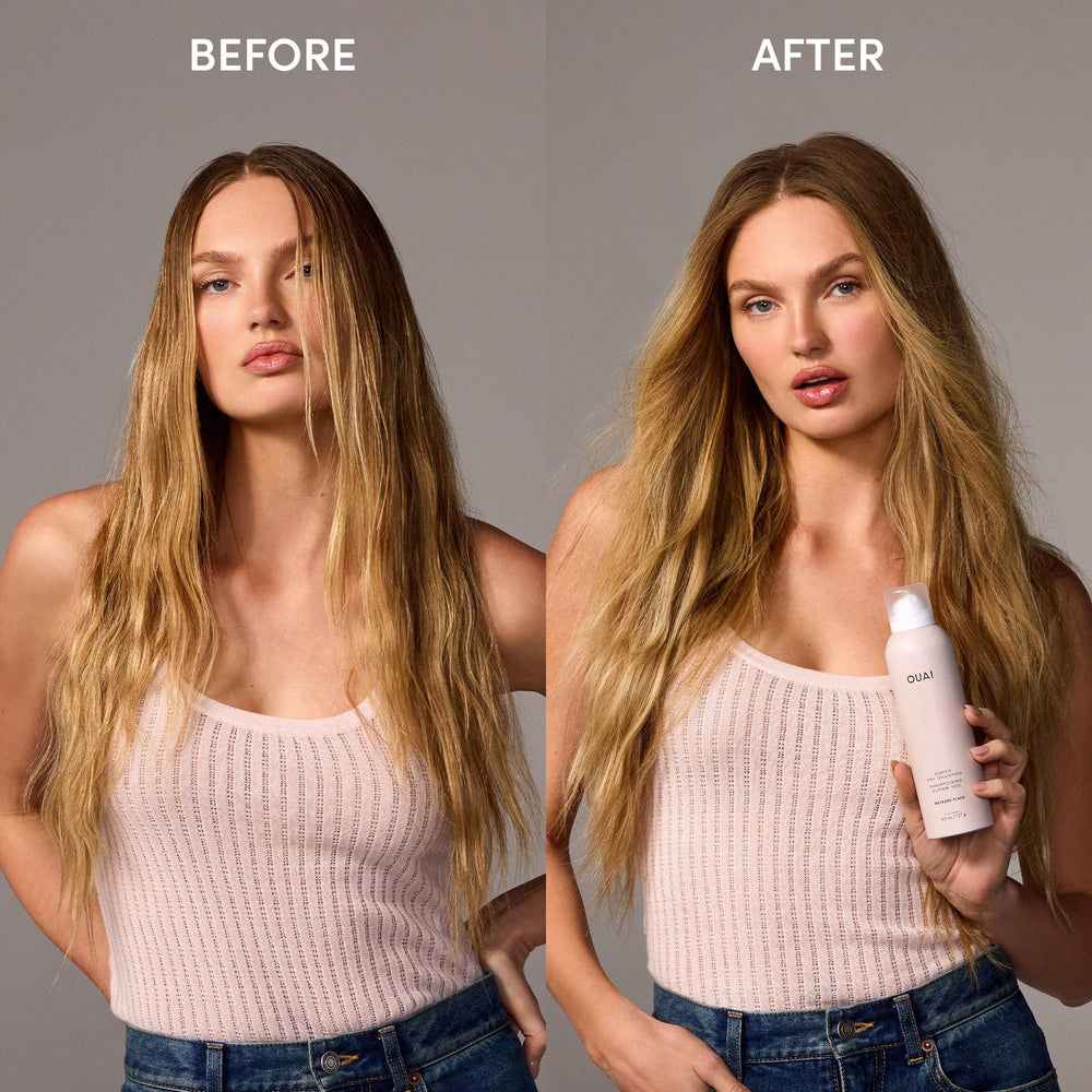 OUAI dry shampoo spray action shows quick root refresh between washes.