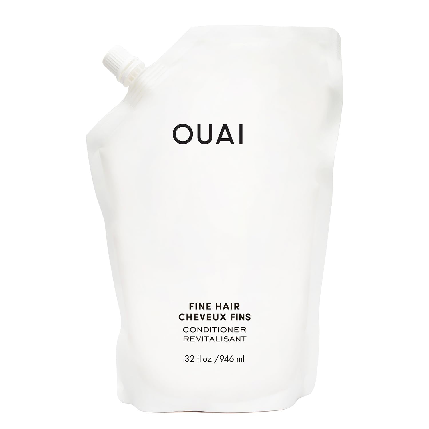 OUAI Fine Hair Conditioner Refill bottle closeup shows glossy hair-softening potential for volume and shine.