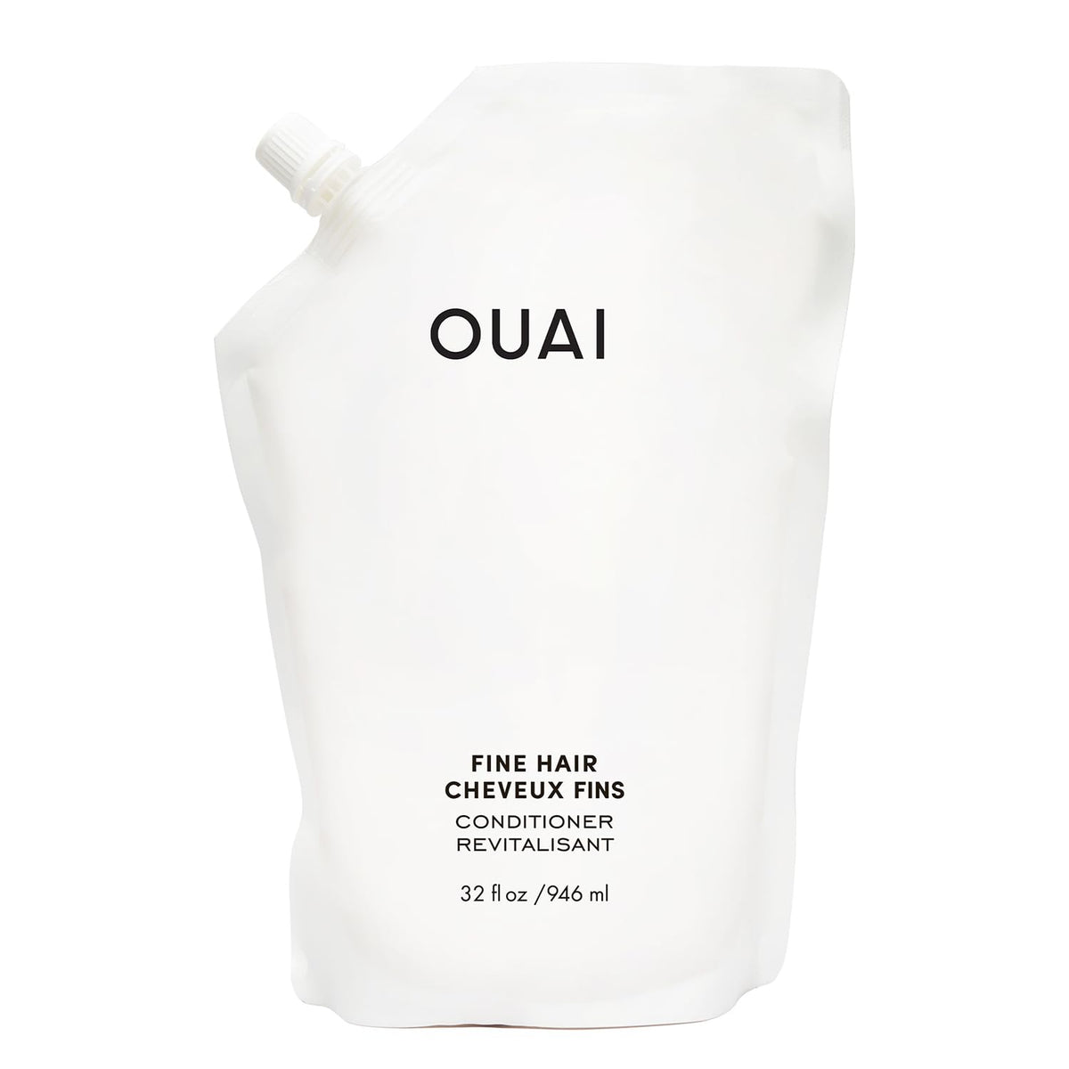 OUAI Fine Hair Conditioner Refill bottle closeup shows glossy hair-softening potential for volume and shine.