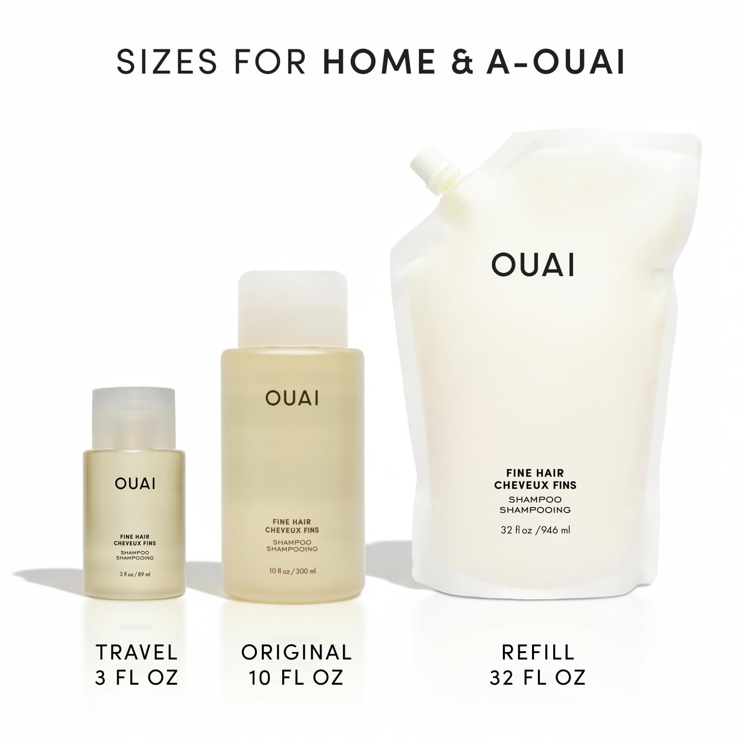 OUAI Fine Hair Shampoo refill use in bathroom—eco-friendly refill option.
