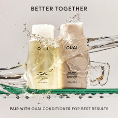 OUAI Fine Hair Shampoo lather close-up—gentle cleansing for fine strands.