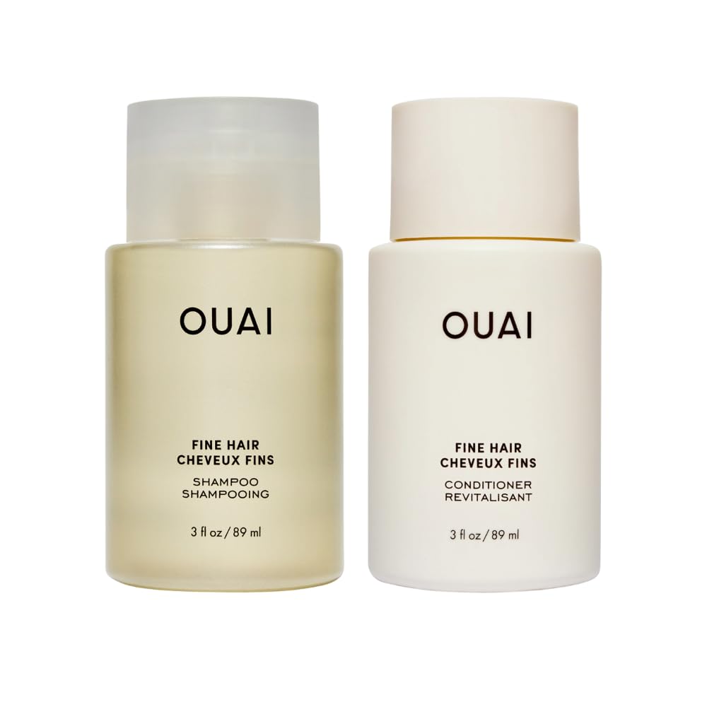 OUAI Fine Shampoo bottle closeup highlighting volumizing formula for fine hair.