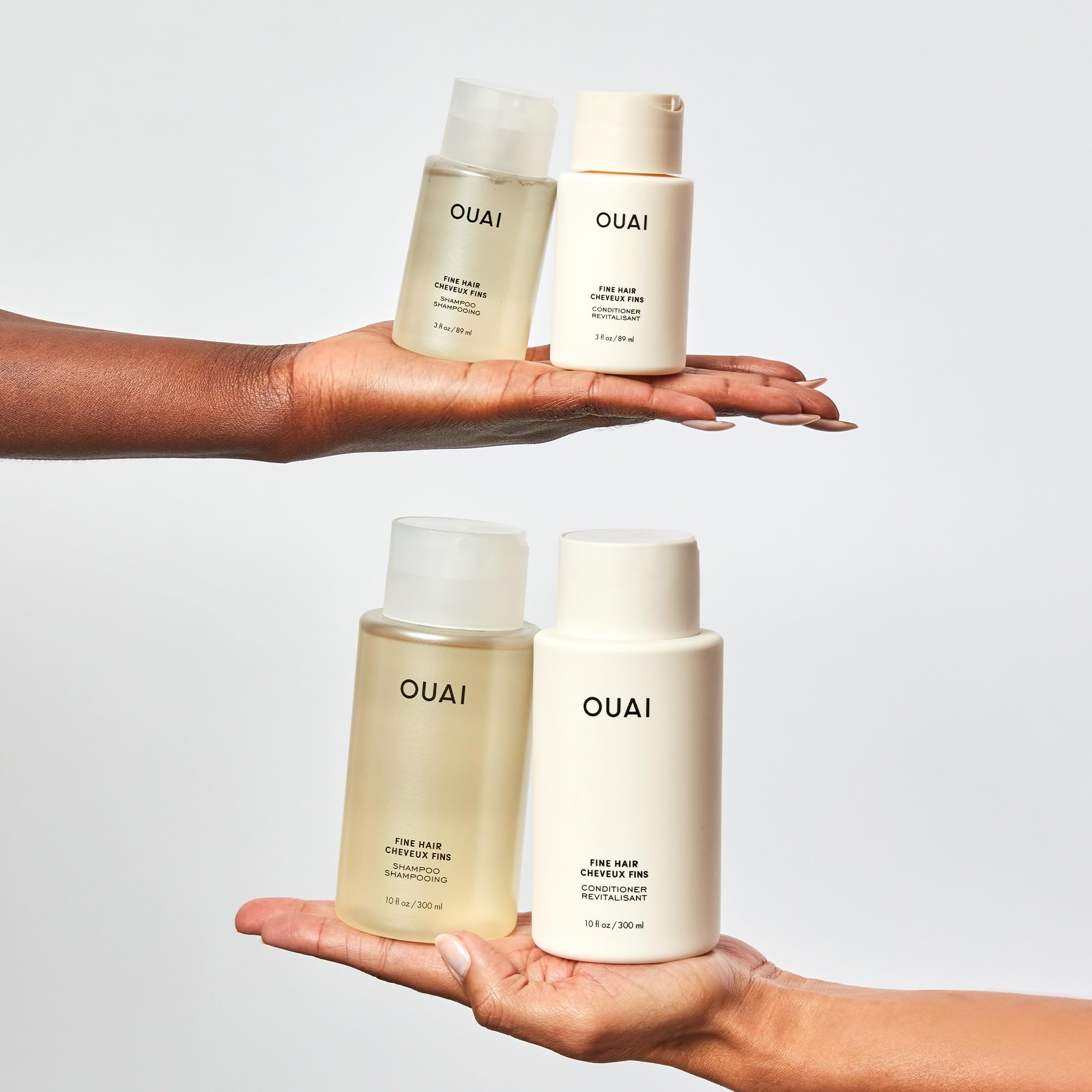 OUAI Fine Shampoo close-up highlights keratin, biotin and chia seed nutrients.