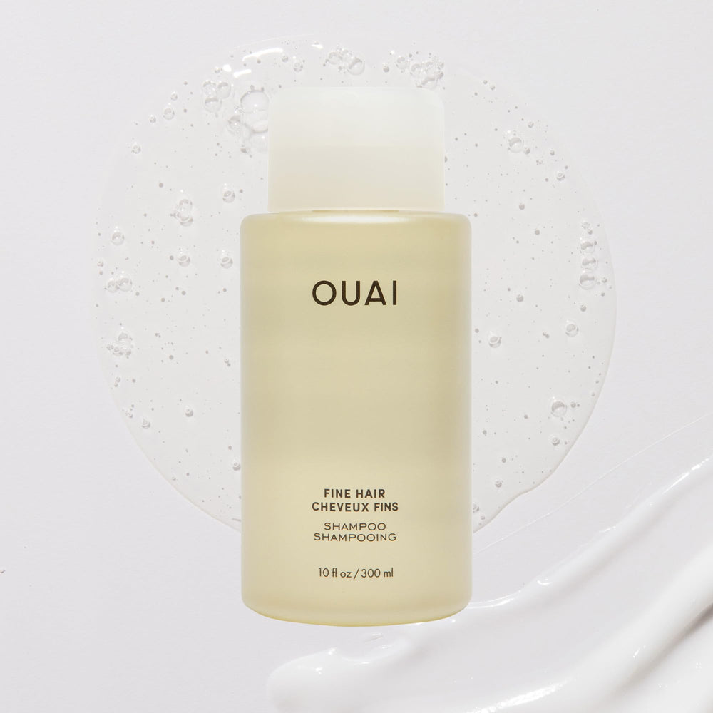 OUAI Fine Shampoo label highlights sulfate-free, paraben-free, and phthalate-free formula.