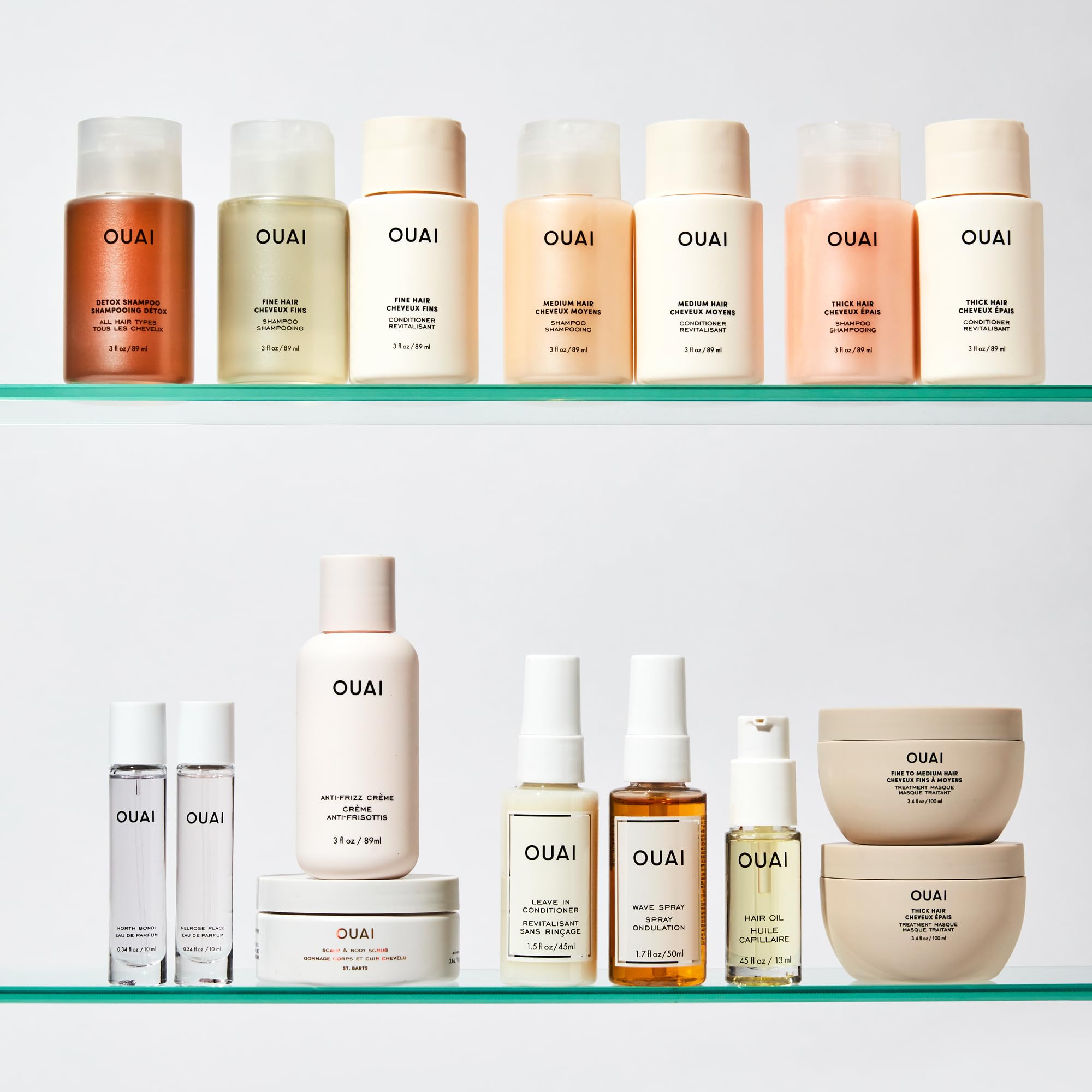 OUAI Fine Shampoo pour-action demonstrates cleansing ritual for fine hair.