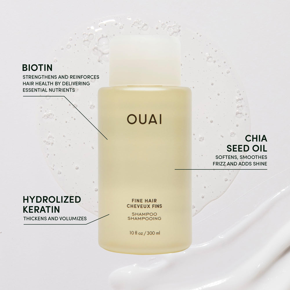 OUAI Fine Shampoo rich lather demonstrates weightless body for fine hair.