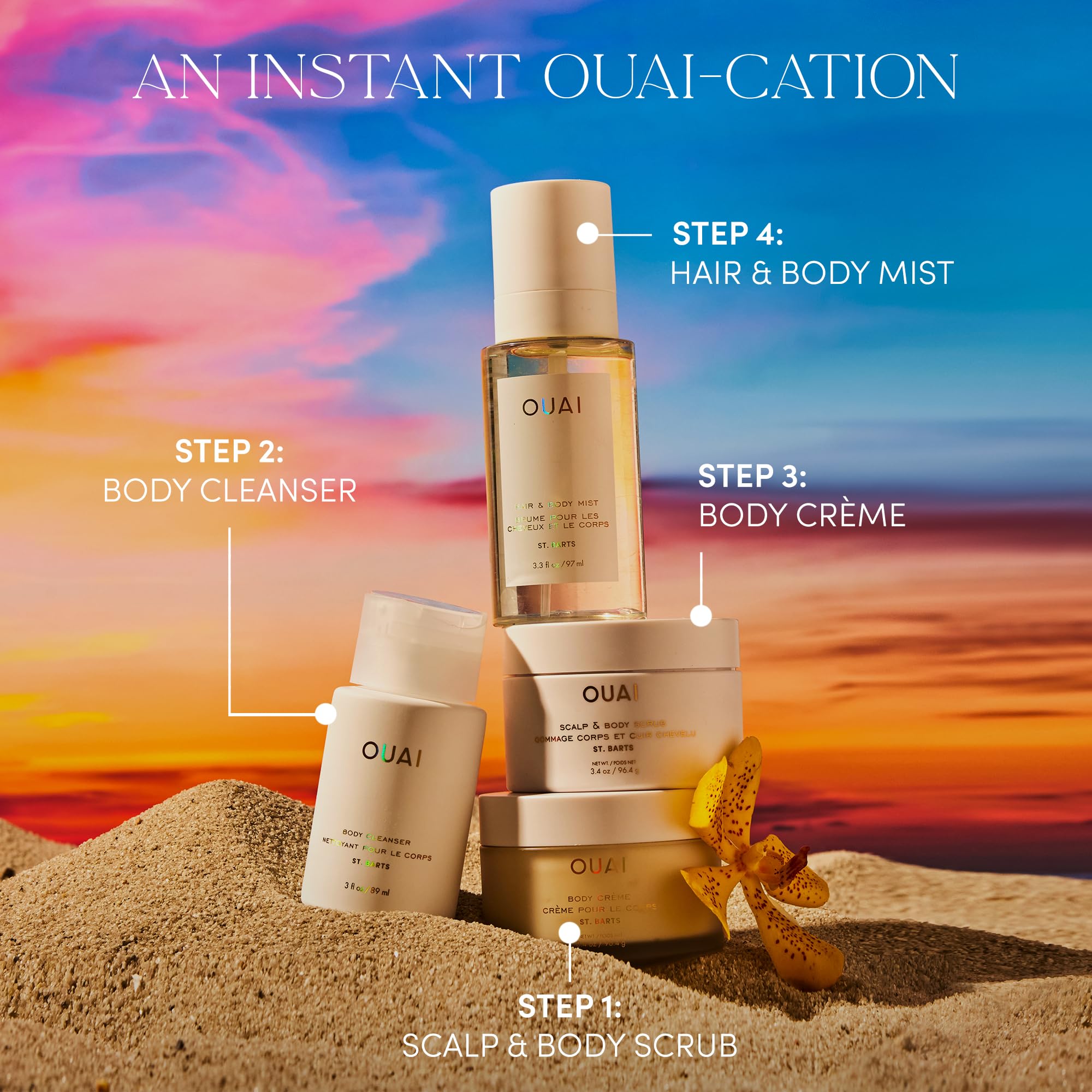 OUAI exfoliating scrub texture close-up invites gentle, wet-skin use.