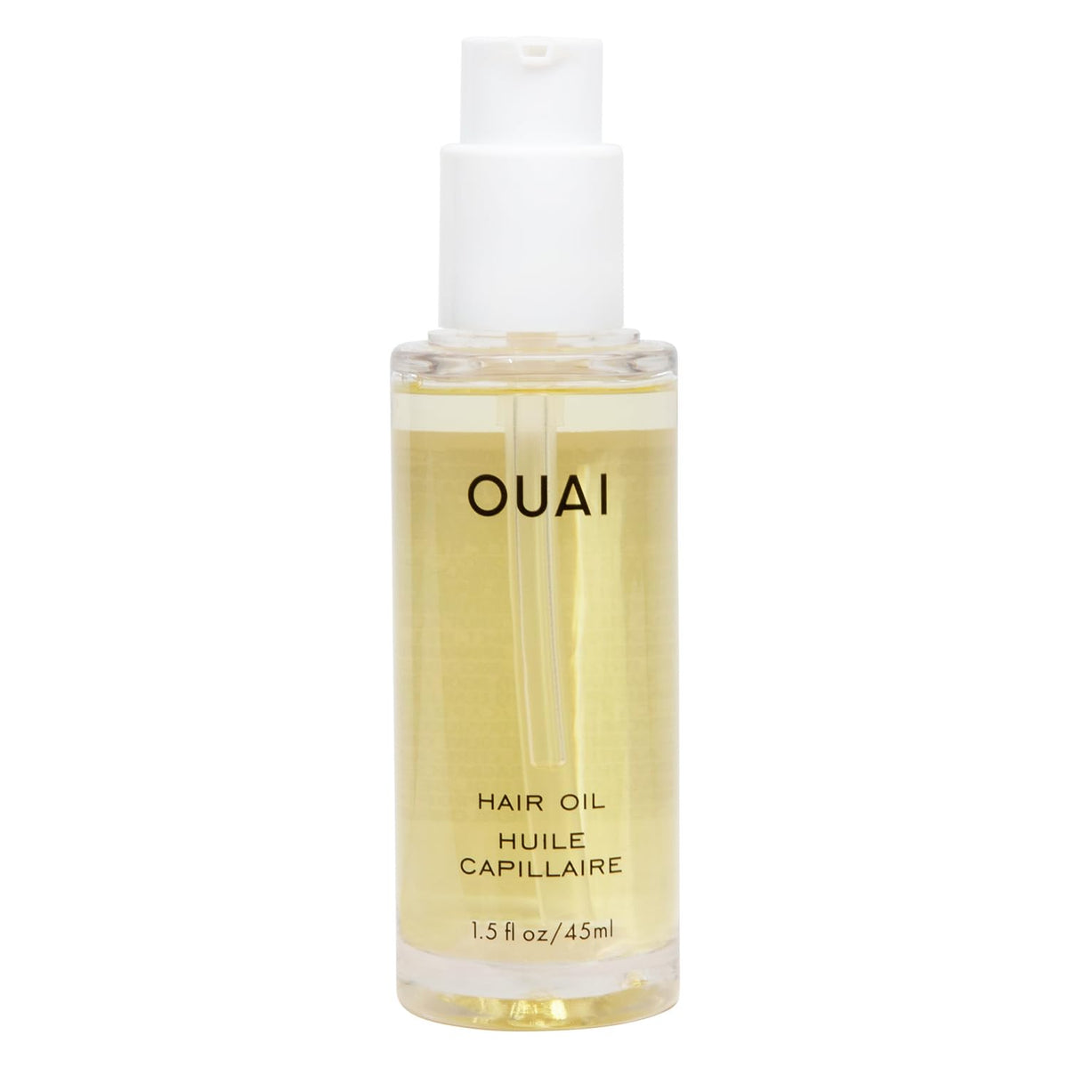 OUAI Hair Oil bottle with glossy finish for sleek, frizz-free shine.