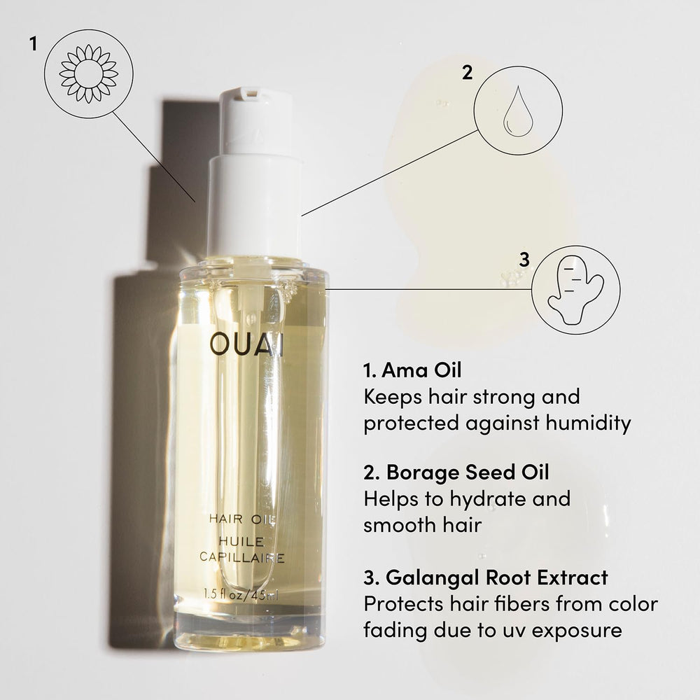 OUAI Hair Oil frizz-control image shows sleek, smooth finish.