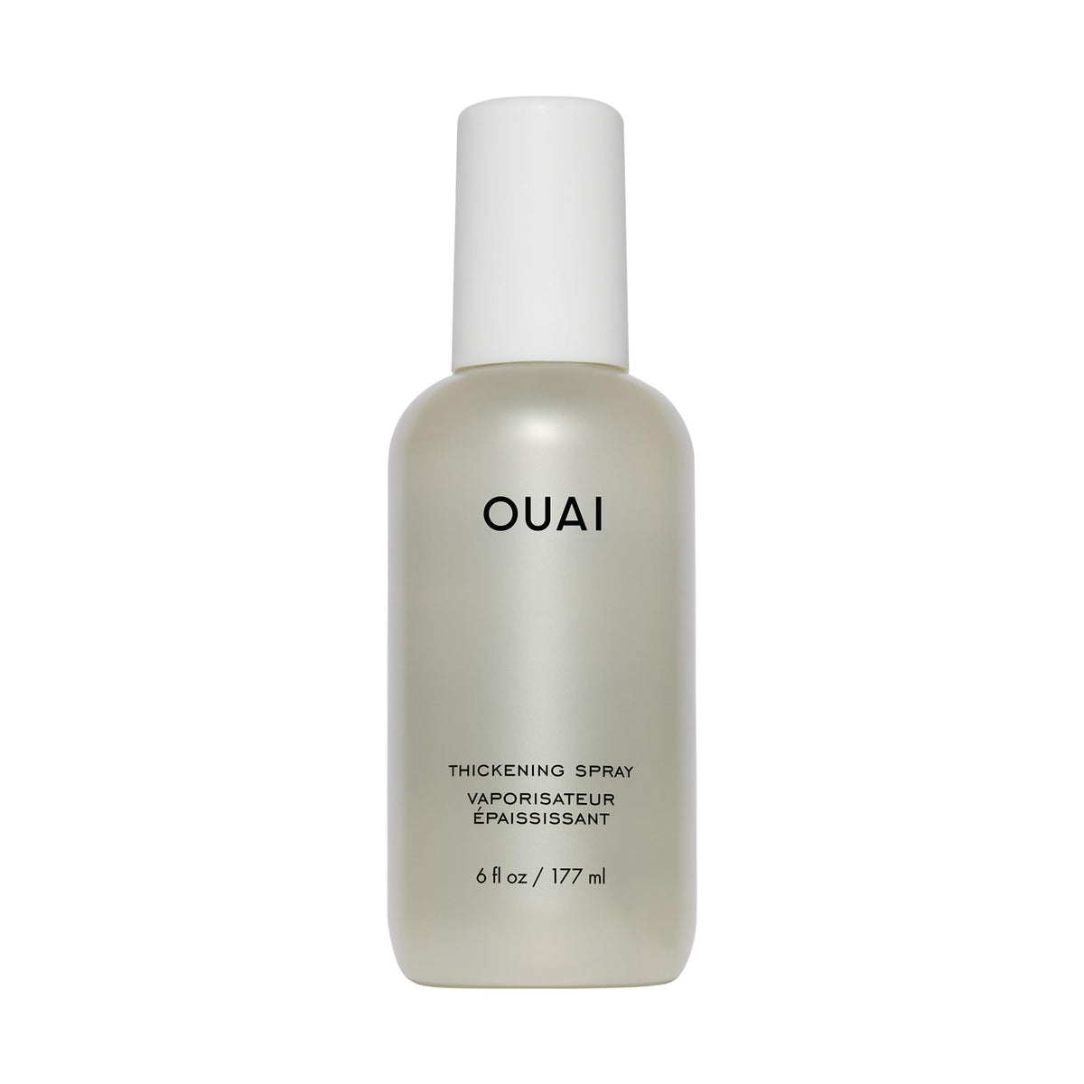 OUAI thickening spray bottle dispense shows instant lift from roots to ends