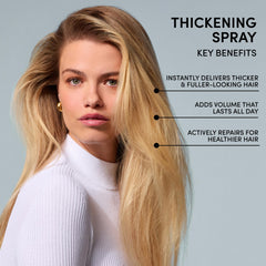 OUAI thickening spray applied to damp hair for fuller-looking roots-to-ends