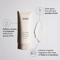 OUAI Hand Cream jar closeup highlights creamy texture and rich butter blend.