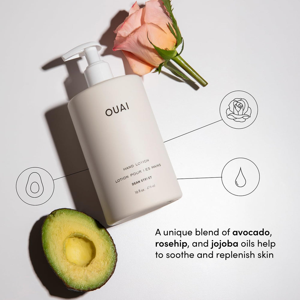OUAI Hand Lotion bottle highlights Dean Street floral-citrus fragrance.