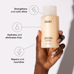 OUAI Medium Conditioner bottle front highlighting shine boost and detangling for medium hair.