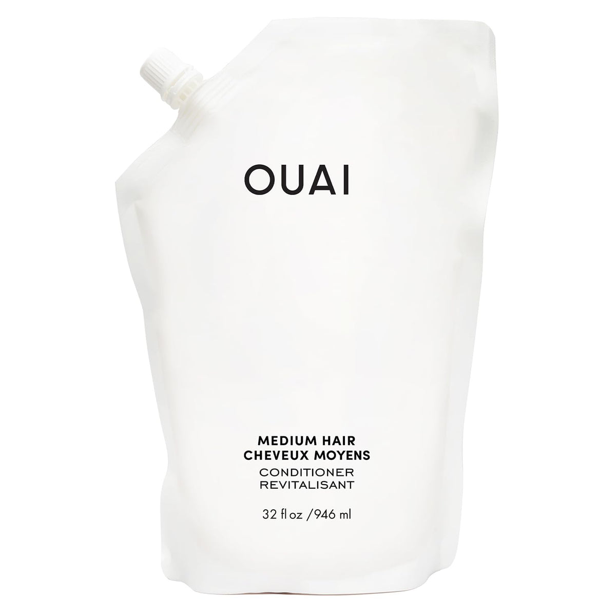 OUAI Medium Conditioner refill packaging shows eco-friendly hydration