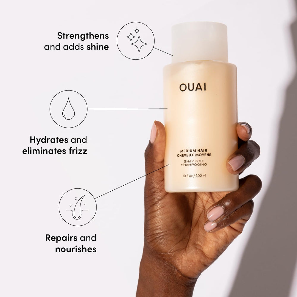 OUAI Medium Shampoo foaming lather emphasizes shine and thorough cleansing.