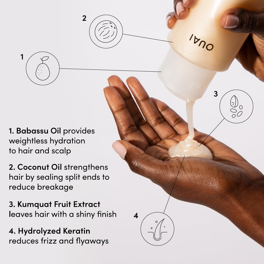 OUAI Medium Shampoo hair-length close-up highlights keratin for stronger strands.