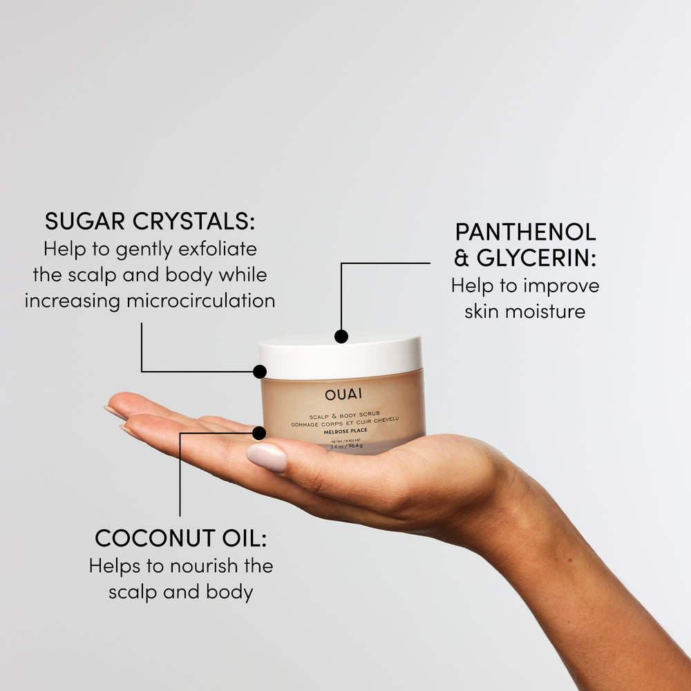 OUAI Melrose Place coconut oil close-up highlighting nourishing exfoliation