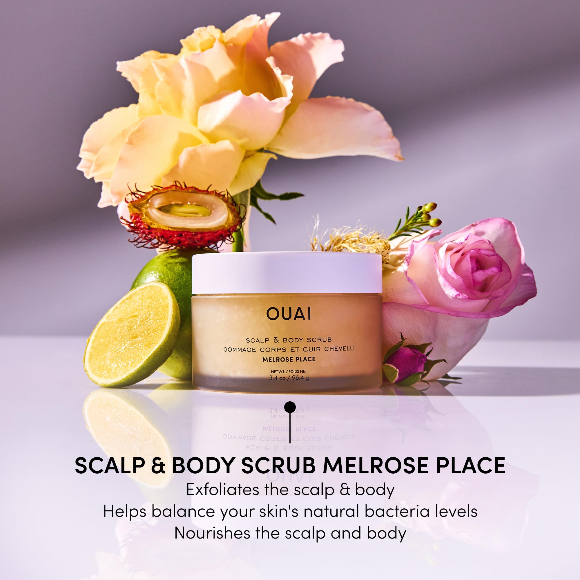 OUAI Melrose Place foam-lather action illustrating cleansing exfoliation