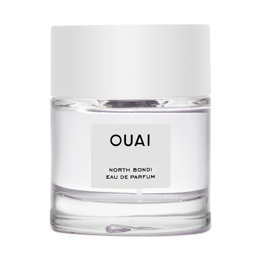 OUAI North Bondi eau de parfum bottle shines on a vanity with a fresh floral mood