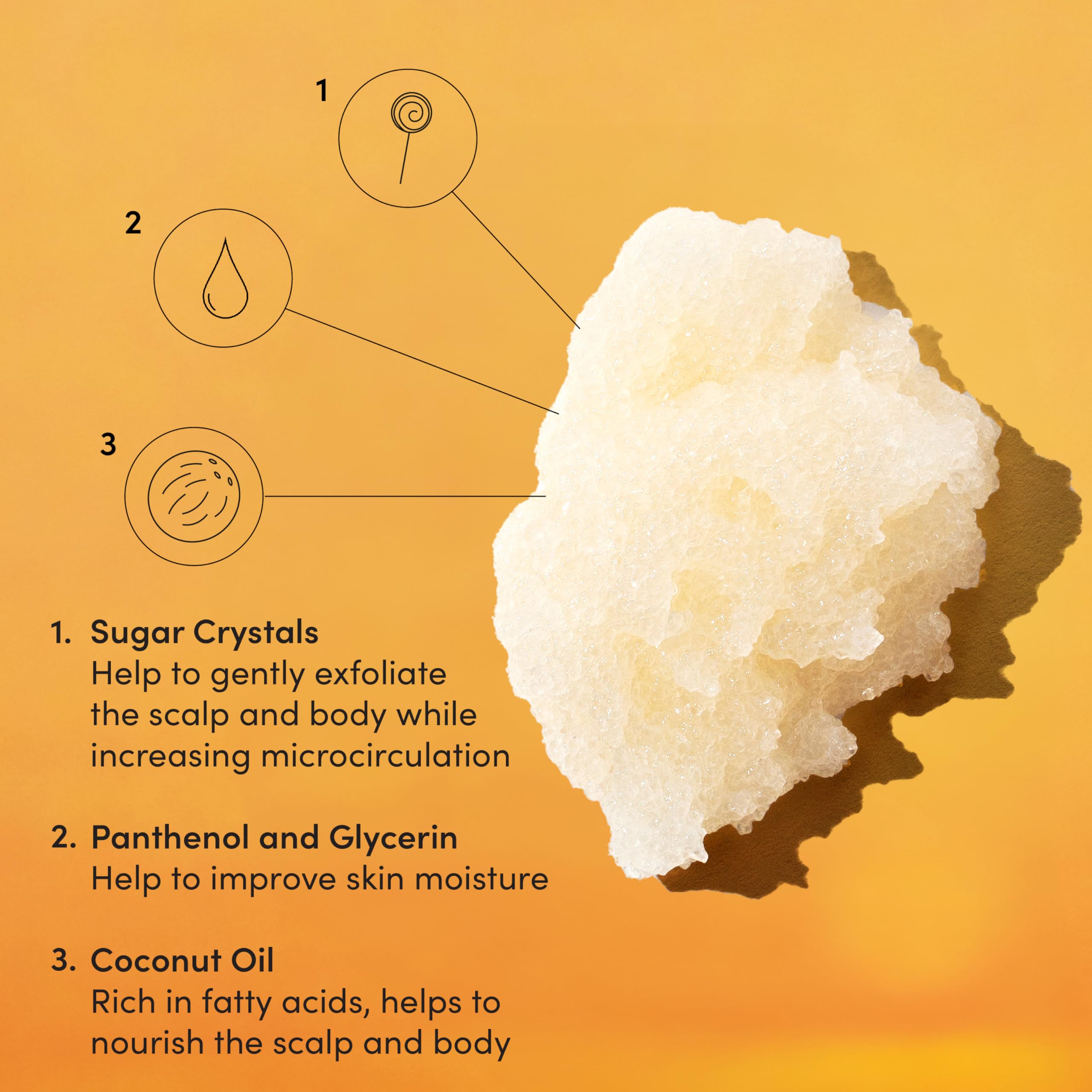 OUAI Scalp & Body Scrub coconut oil droplets signaling skin nourishment.