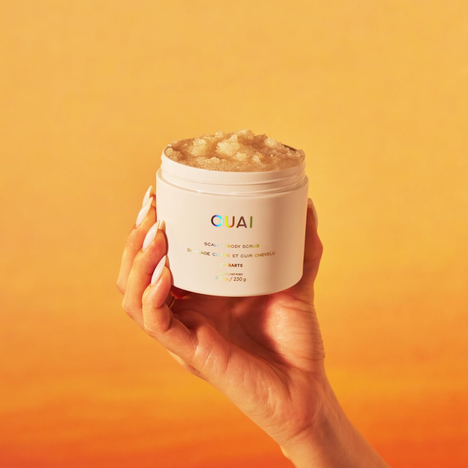 OUAI Scalp & Body Scrub finished skin appears smooth and moisturized.