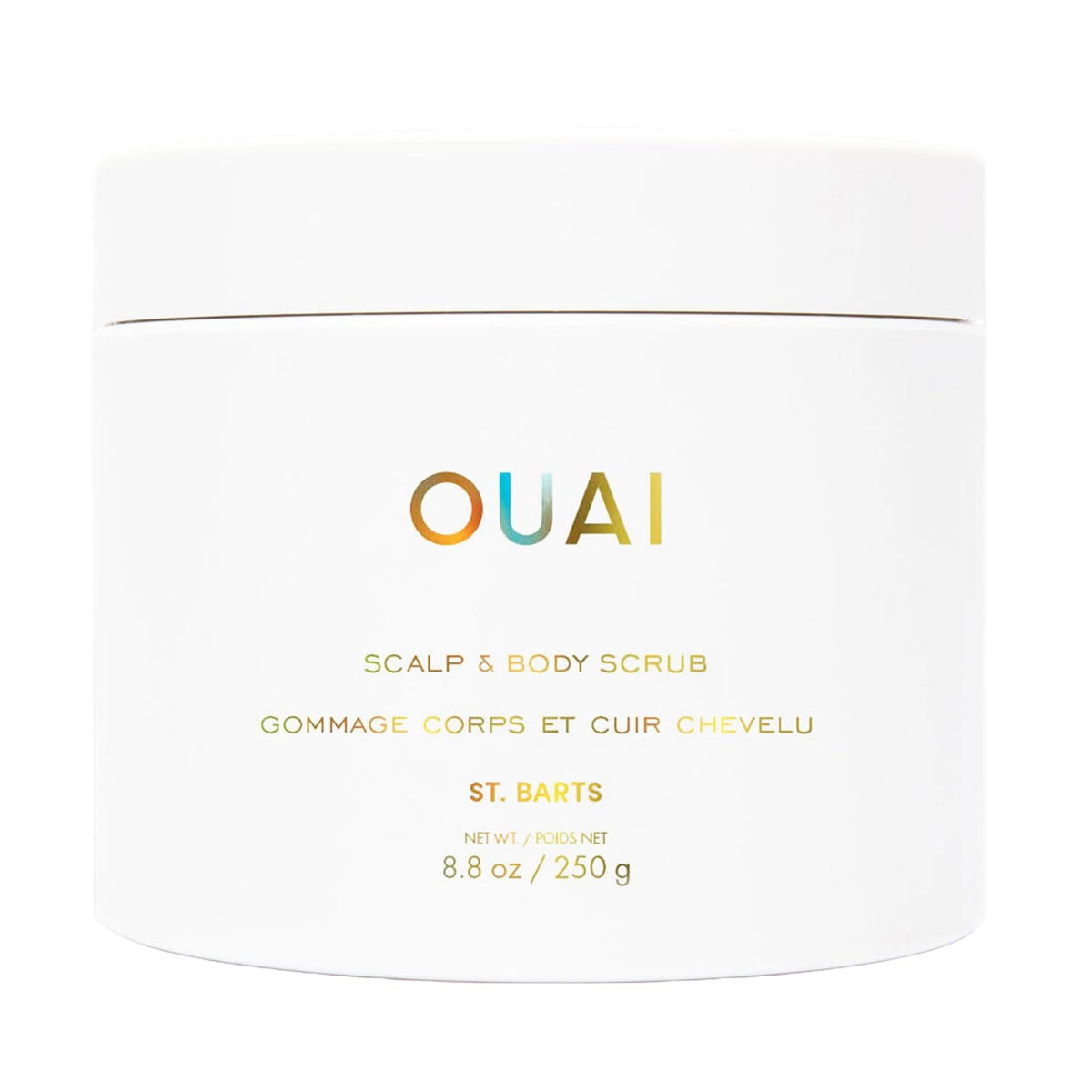 OUAI Scalp & Body Scrub bottle shows rich lather for gentle exfoliation on scalp and body.
