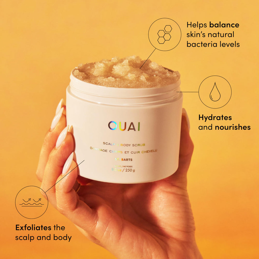 OUAI Scalp & Body Scrub sugar crystals close-up for product buildup removal.